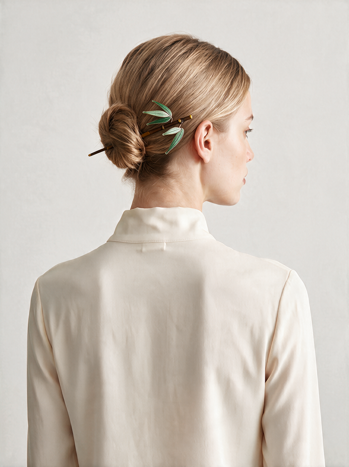 Wrapped-Silk Bamboo-Leaf Hairpin — Natural Bamboo Stick