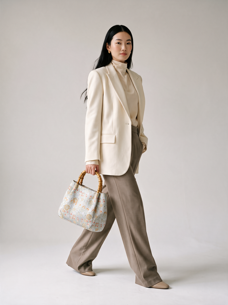 Silk Brocade Bamboo-Handle Bag — Starry Floral Motif