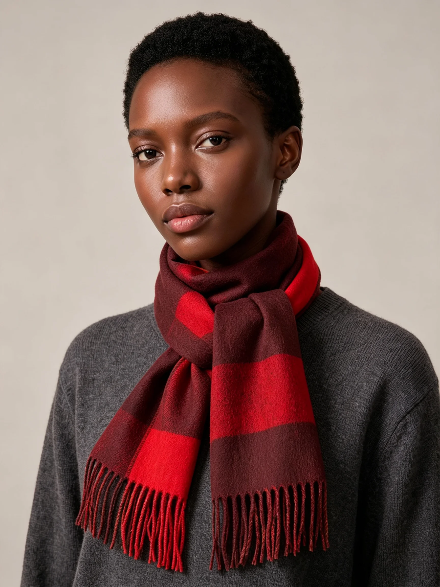 100% Wool Deep Red Check Scarf
