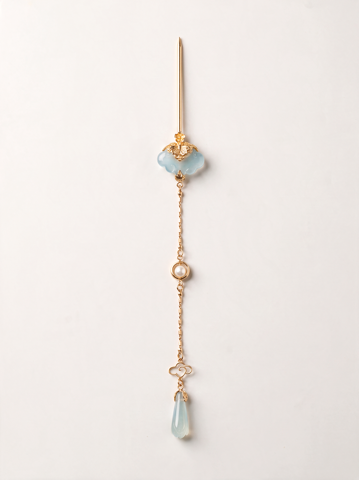 Xiu Jade Auspicious-Cloud Tassel Hairpin — Long Pearl Drop