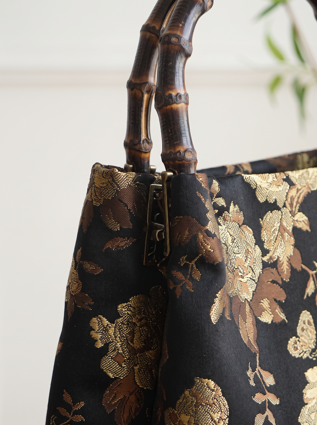 Silk Brocade Bamboo-Handle Bag — Gold Peony & Butterfly Motif