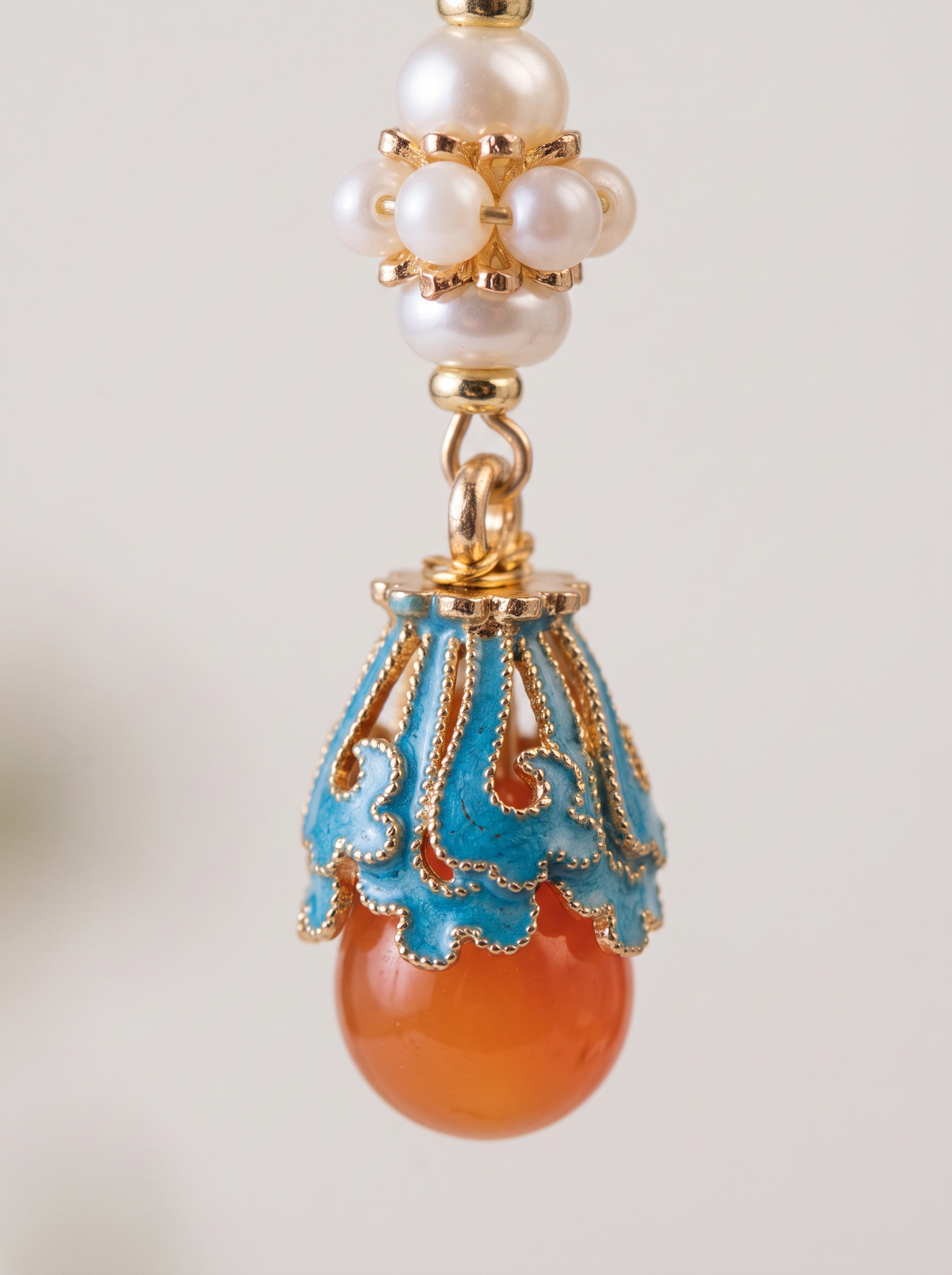 Cloisonné & Agate Drop Earrings — Turquoise and Pearl