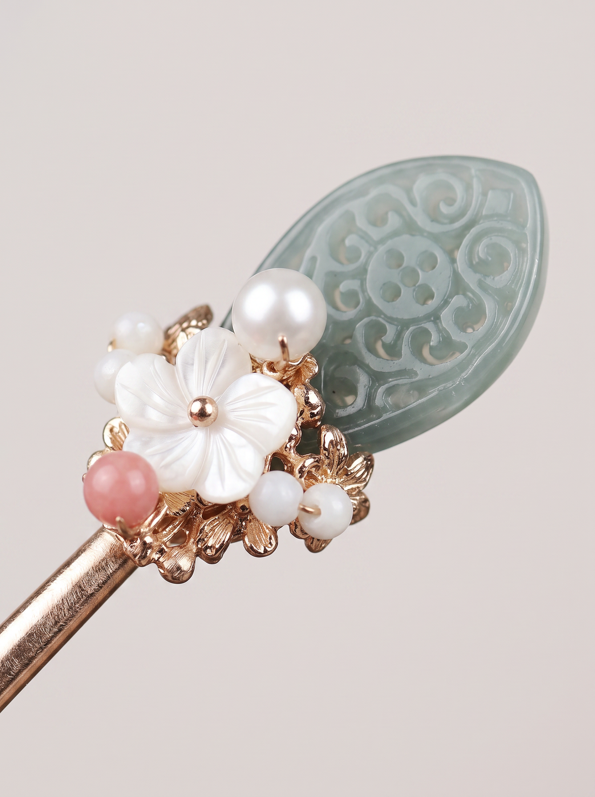 Blue Jade Carved-Plaque Hairpin — Pearl & Shell Flowers