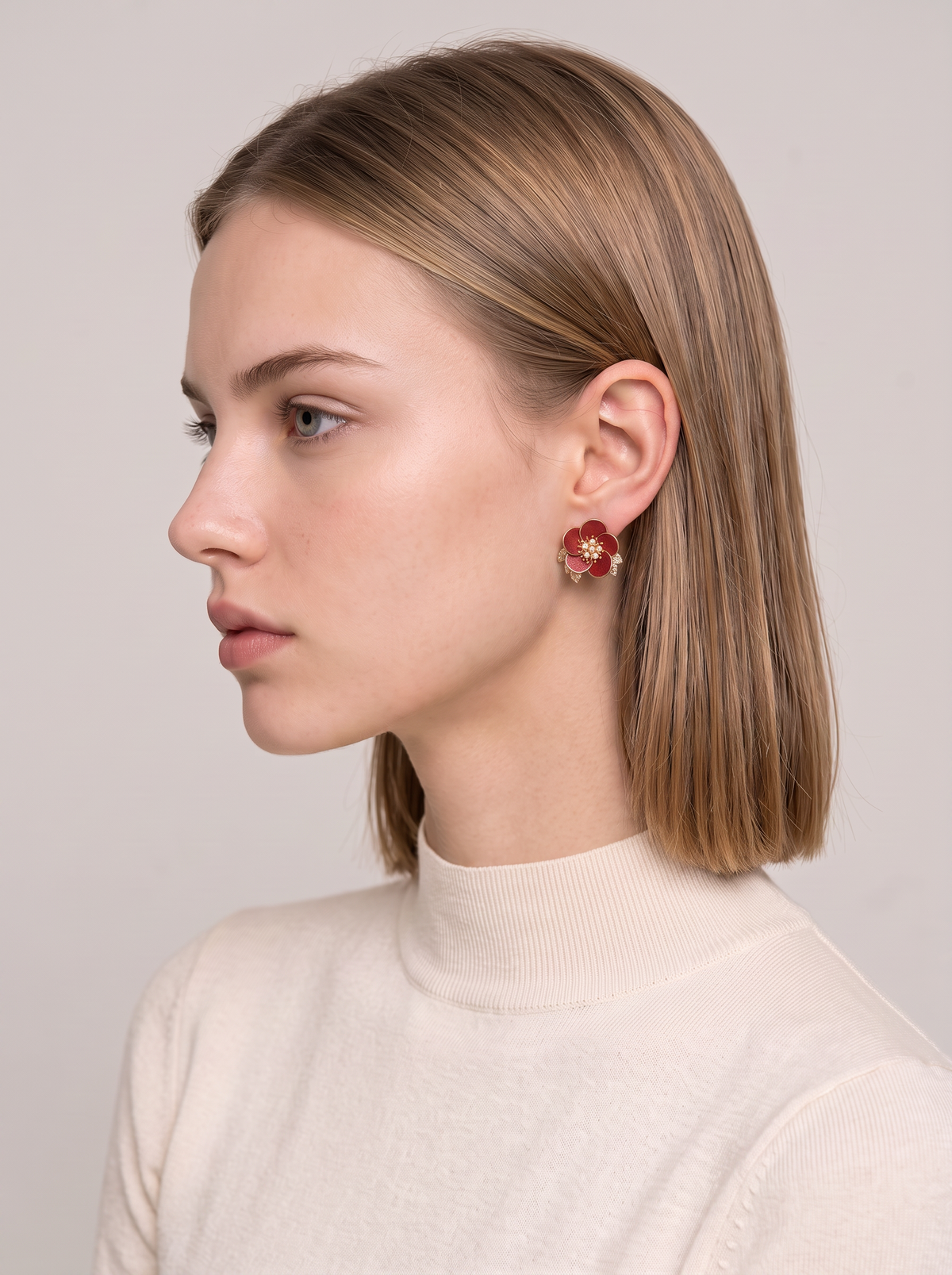 Red Plum Blossom Velvet Stud Earrings — Handmade Ronghua