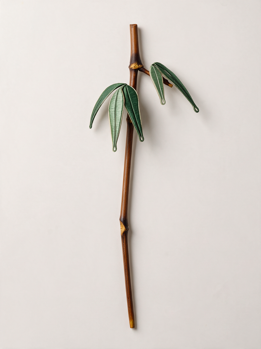 Wrapped-Silk Bamboo-Leaf Hairpin — Natural Bamboo Stick