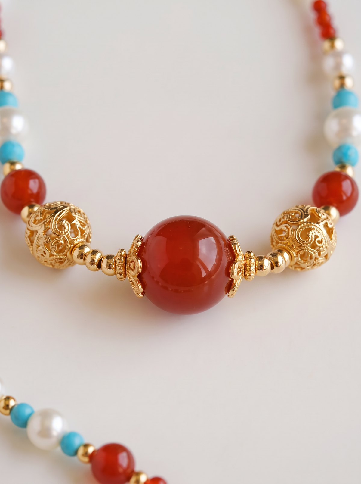 Red Agate & Turquoise Beaded Necklace — Layered Choker