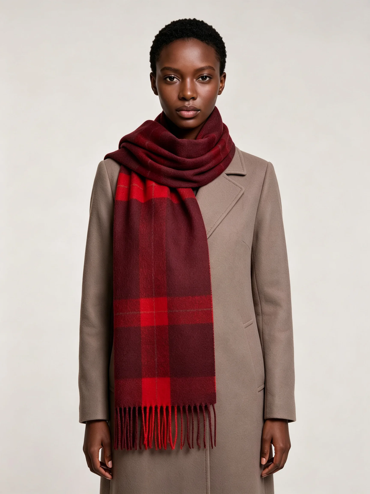 100% Wool Deep Red Check Scarf