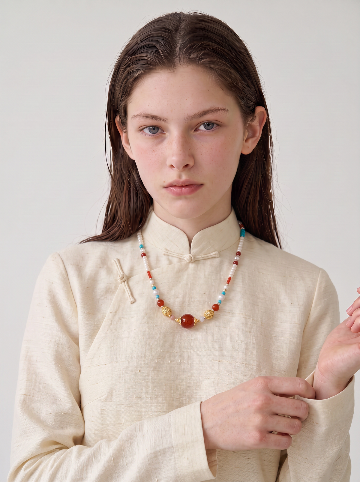 Red Agate & Turquoise Beaded Necklace — Layered Choker