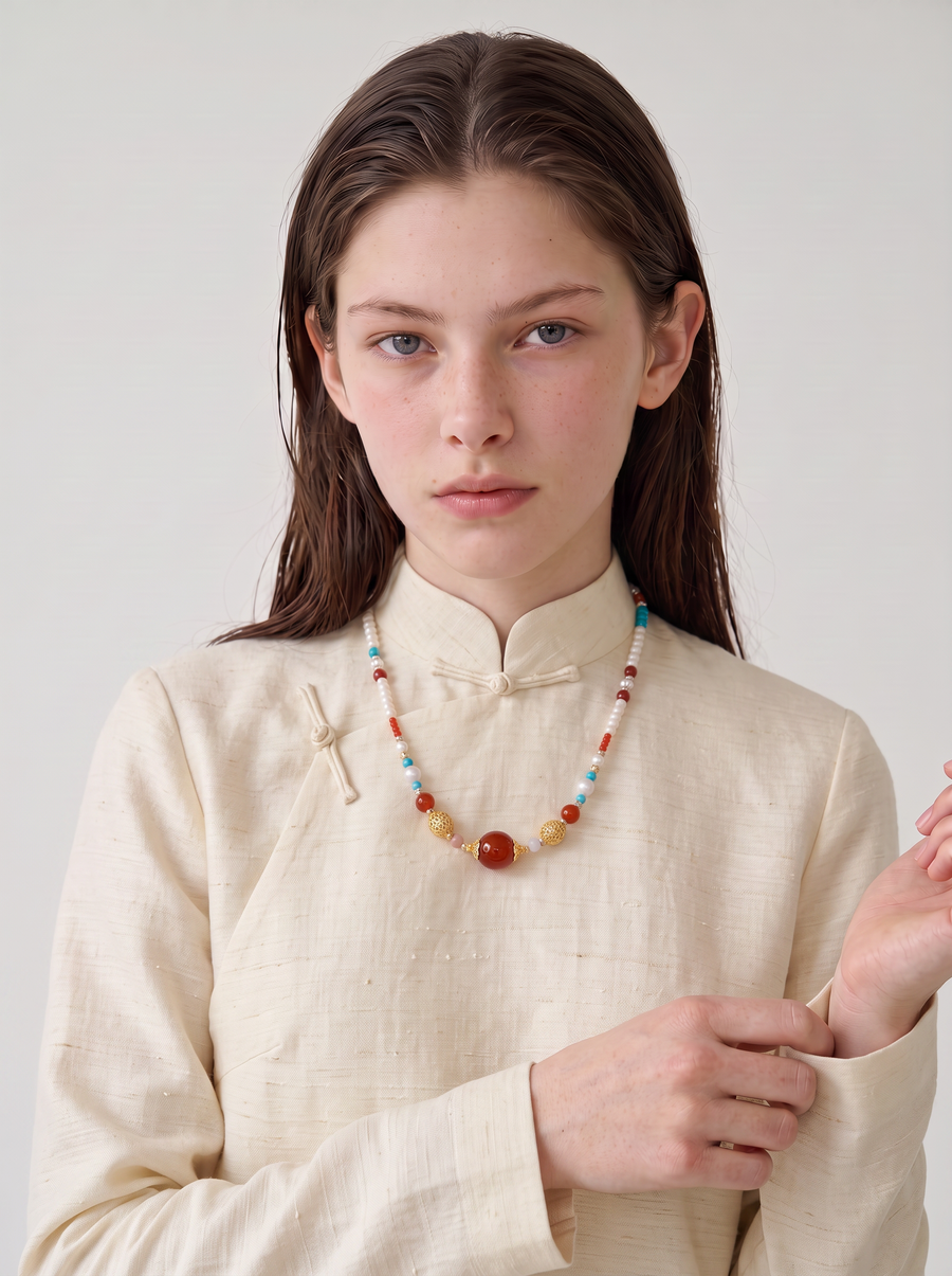 Red Agate & Turquoise Beaded Necklace — Layered Choker