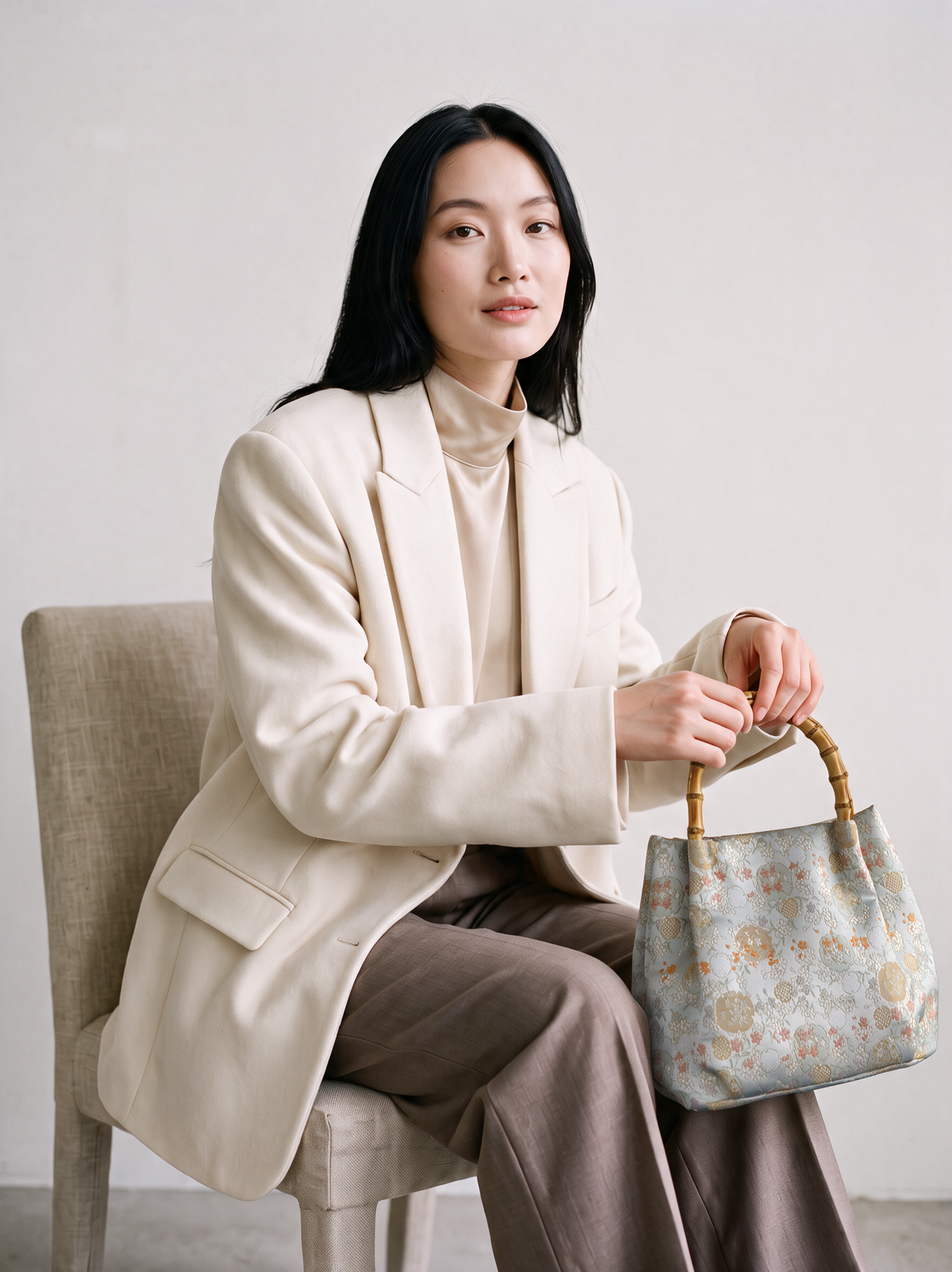 Silk Brocade Bamboo-Handle Bag — Starry Floral Motif