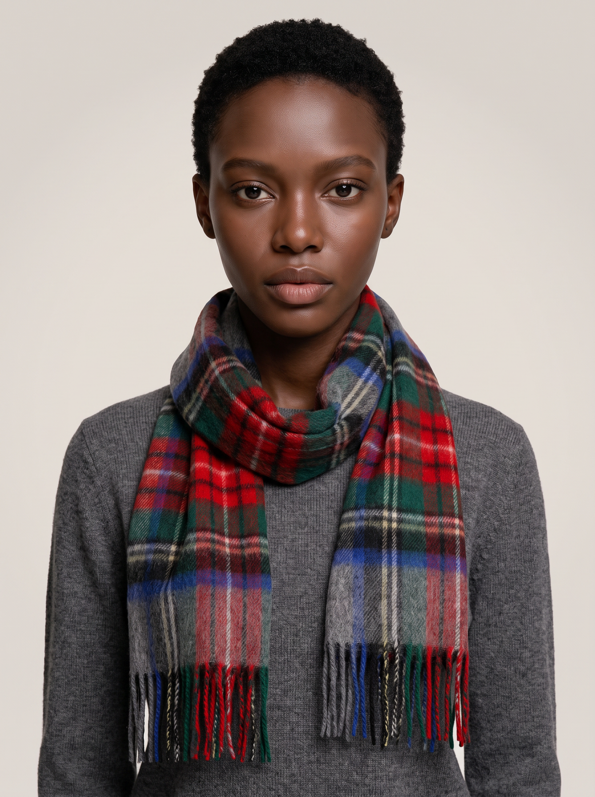100% Wool Grey Red Plaid Scarf