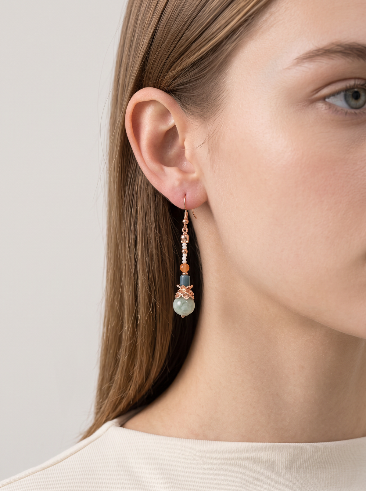Jade Pumpkin-Bead Drop Earrings — Blue-Green Feicui