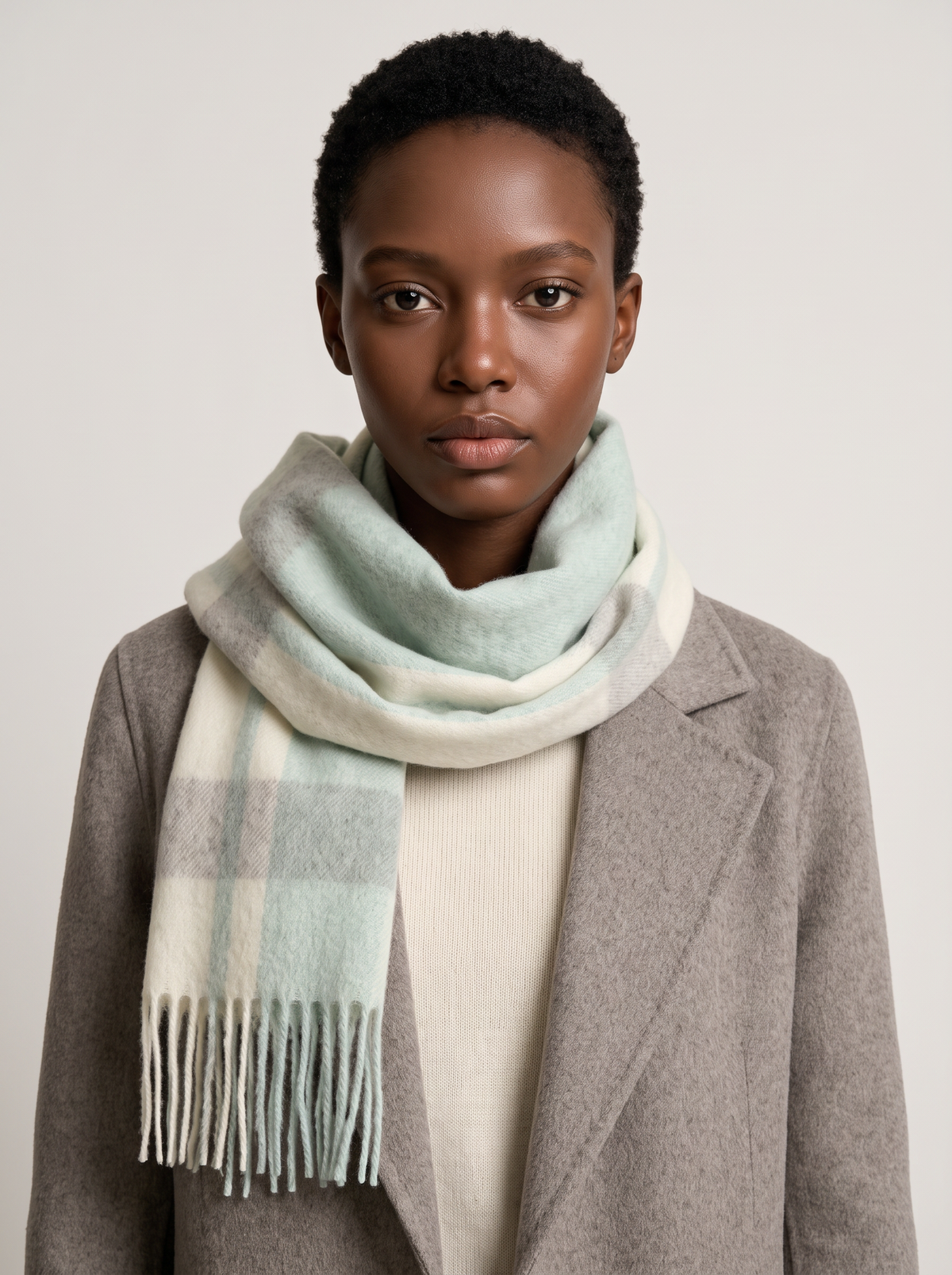 100% Wool Soft Green Check Scarf
