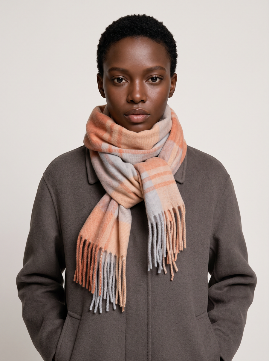 100% Wool Classic Check Scarf | Brushed Fringe Wrap