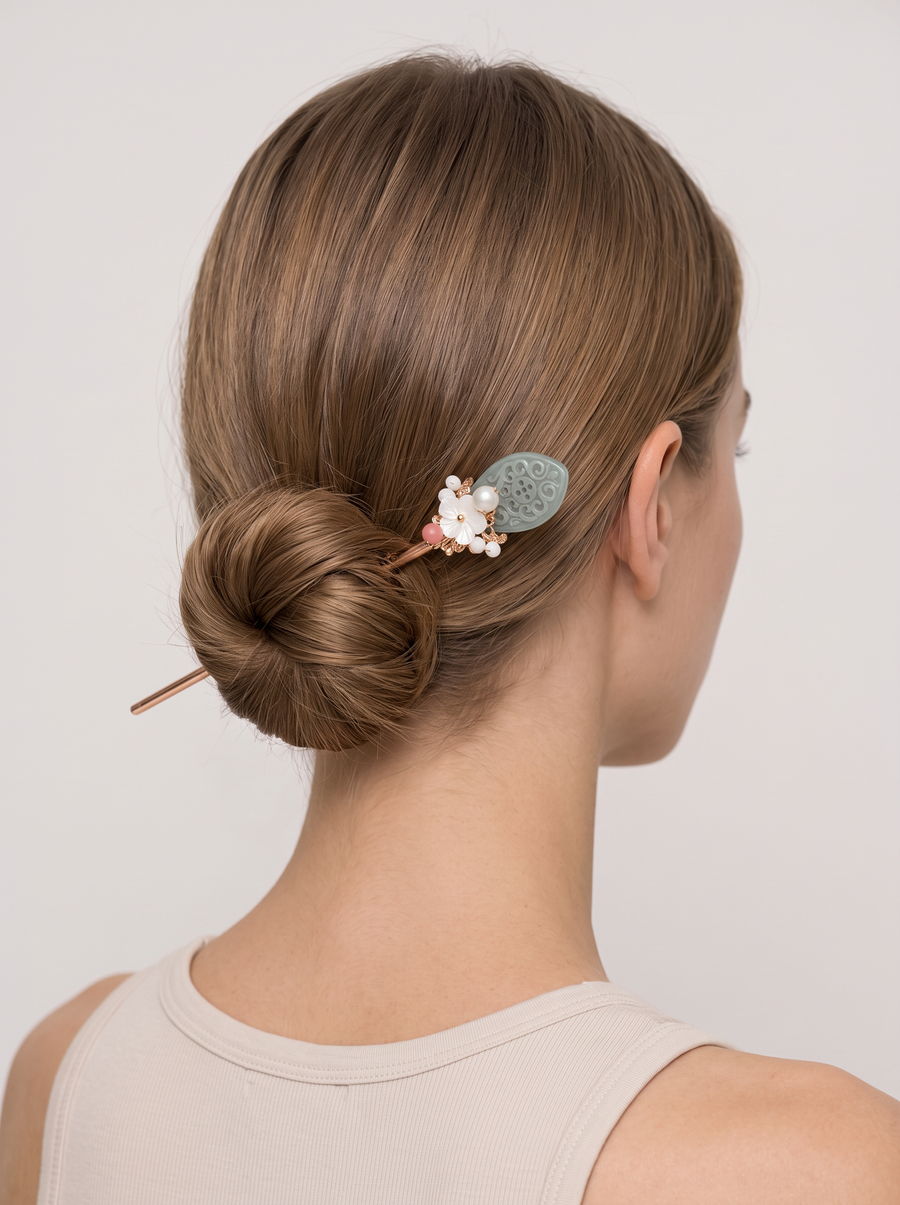 Blue Jade Carved-Plaque Hairpin — Pearl & Shell Flowers