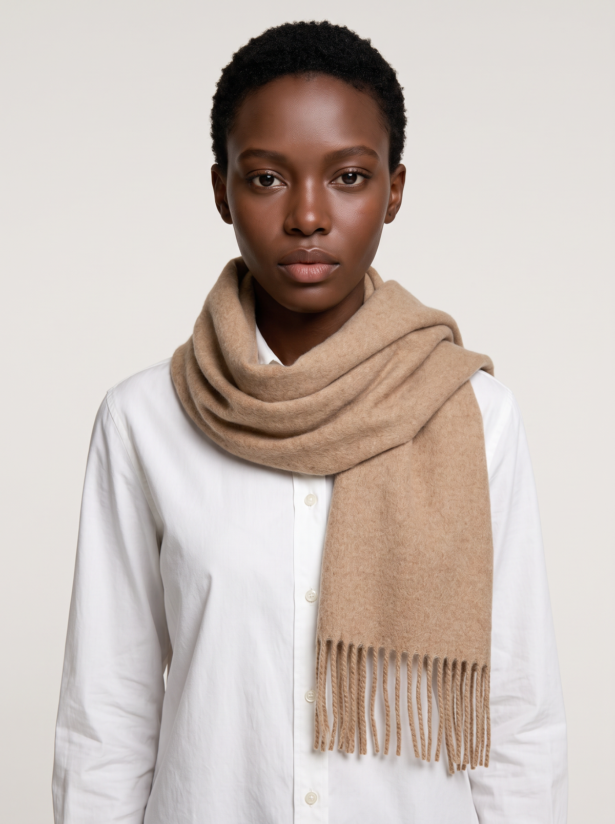 Soft Brushed Wool-Blend Fringe Scarf | Solid Winter Wrap