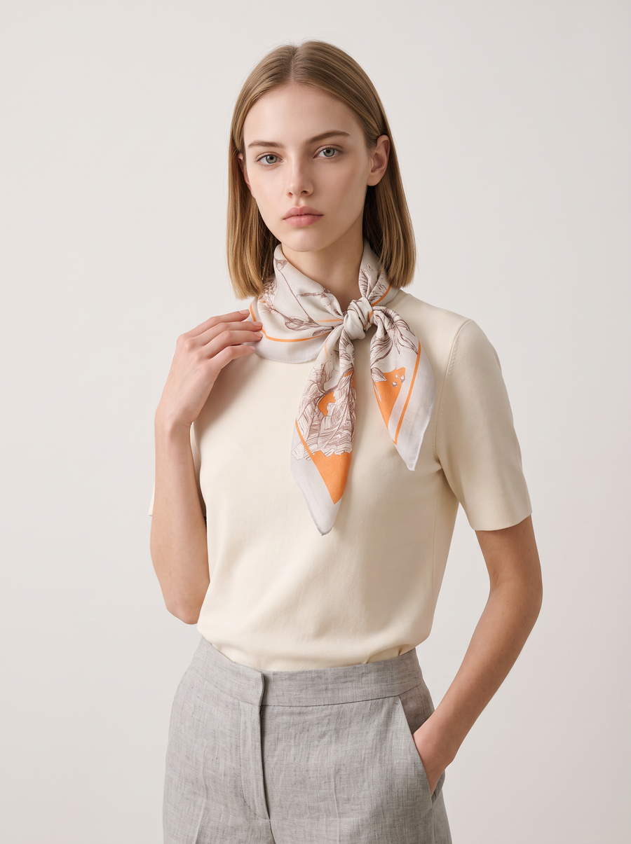 100% Cashmere Square Scarf | Botanical Line Print