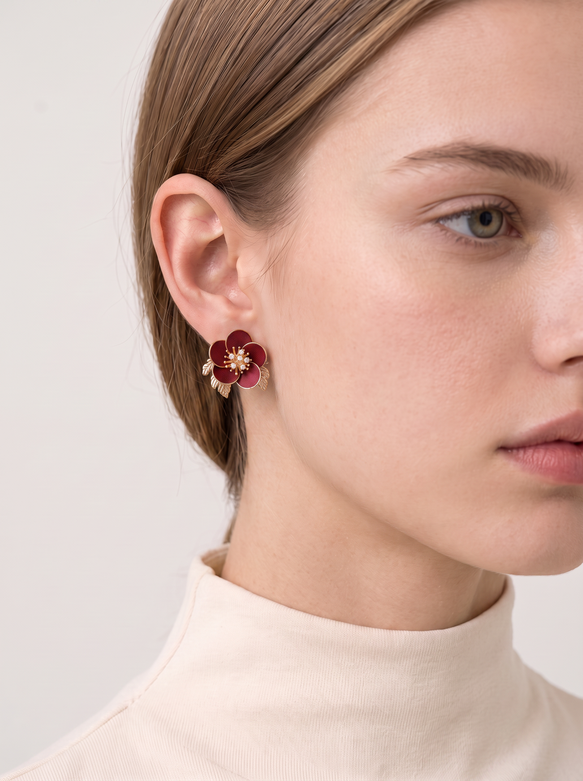 Red Plum Blossom Velvet Stud Earrings — Handmade Ronghua