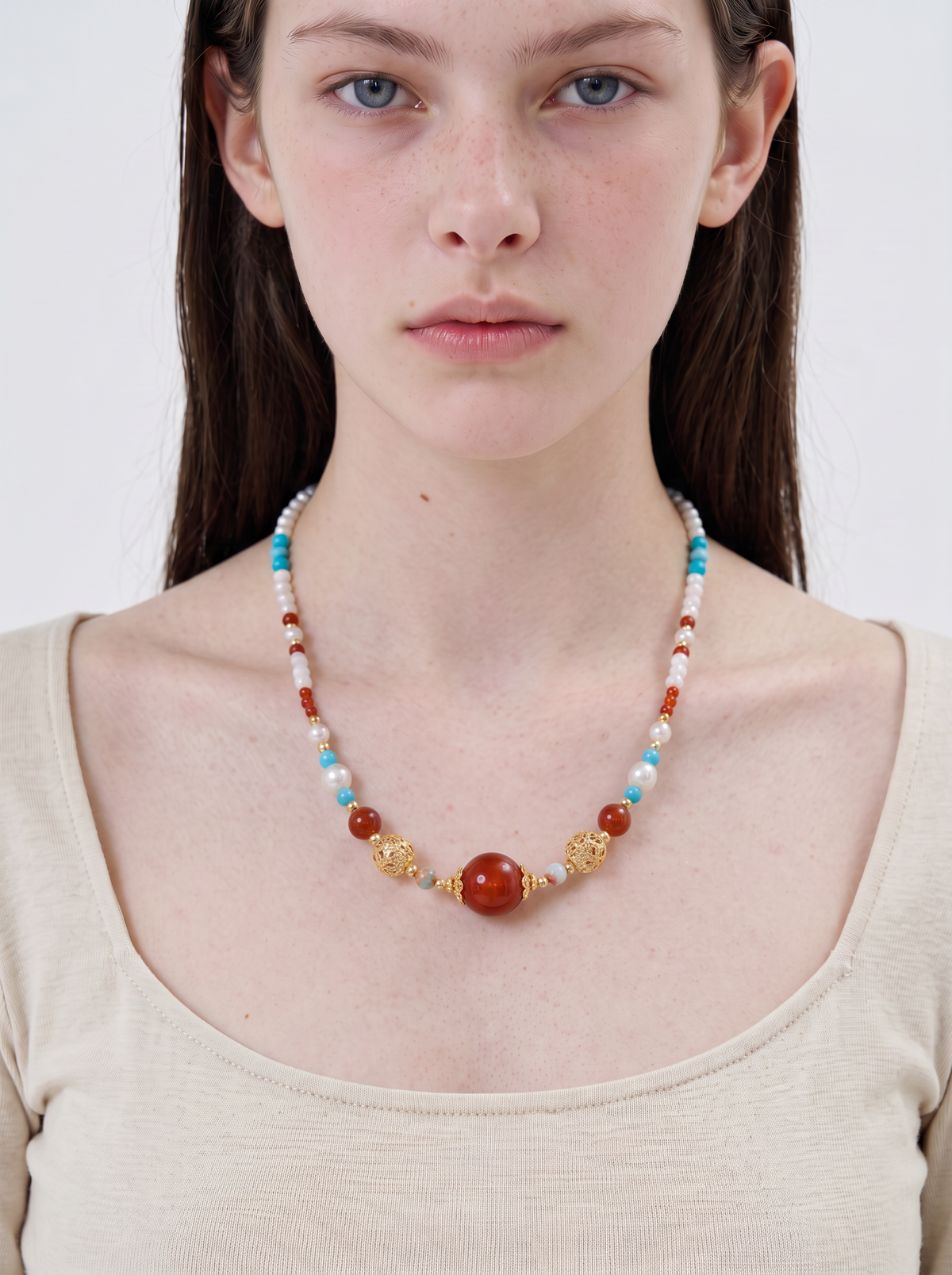 Red Agate & Turquoise Beaded Necklace — Layered Choker