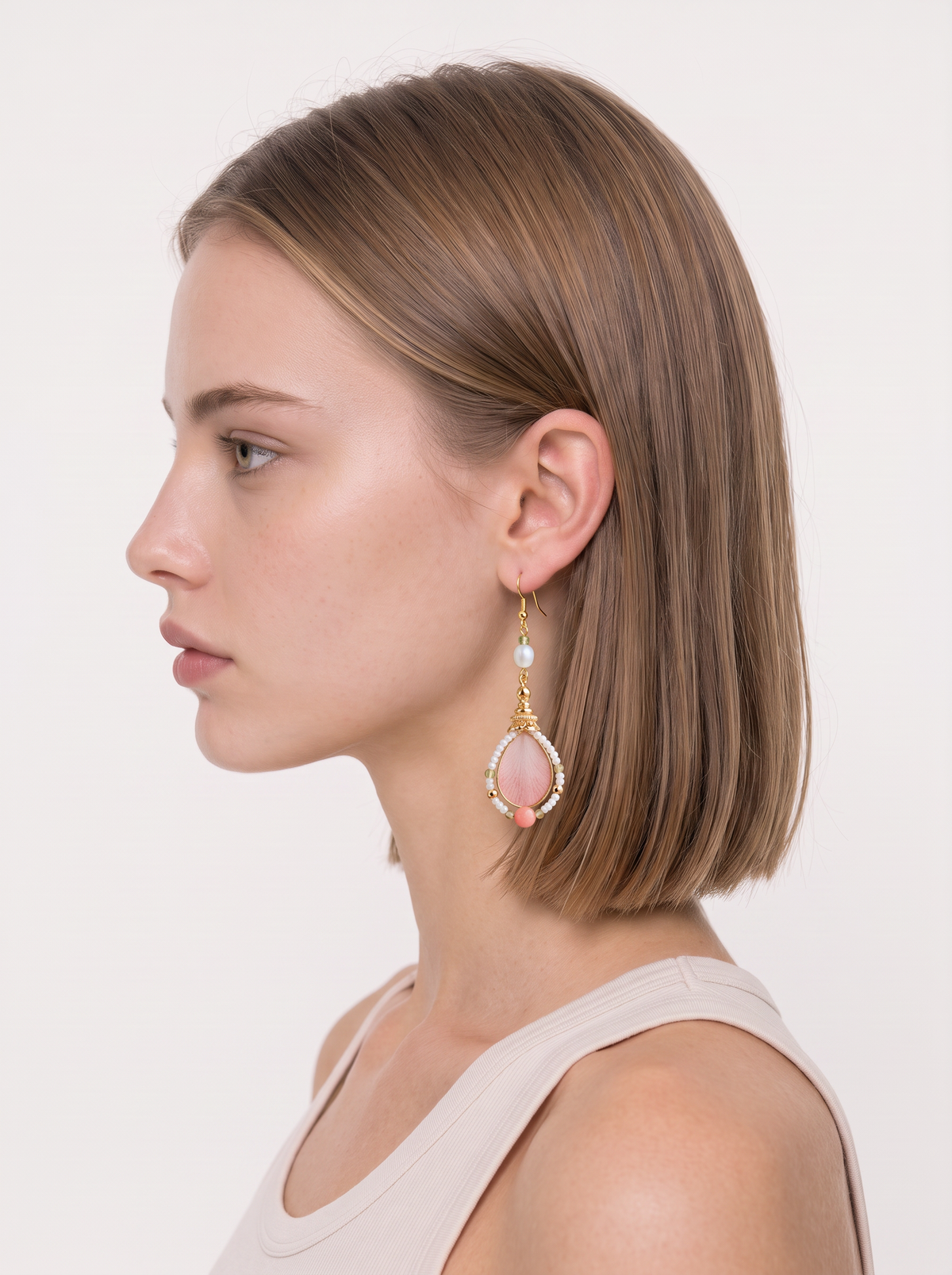 Pink Velvet Flower & Pearl Drop Earrings — Handmade Ronghua