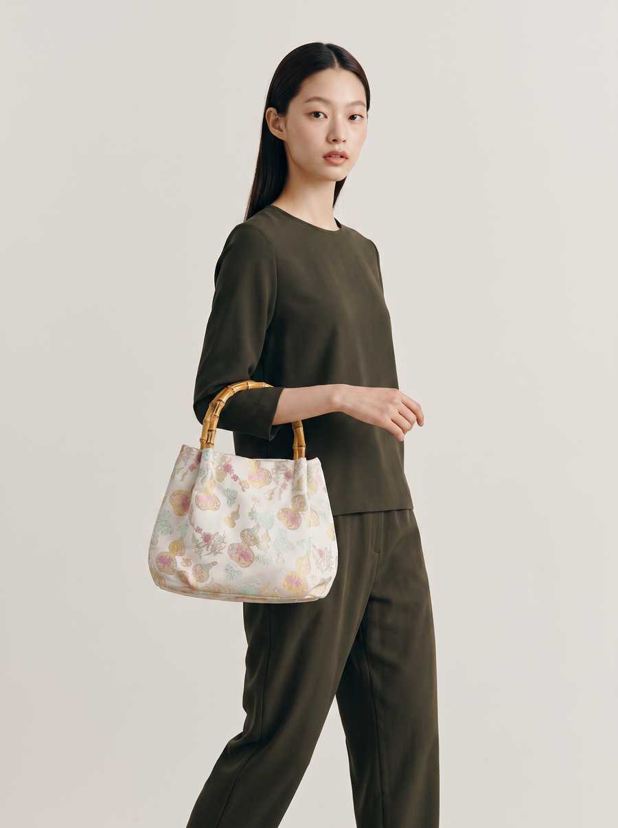Silk Brocade Bamboo-Handle Bag — Gourd (Fu-Lu) Motif