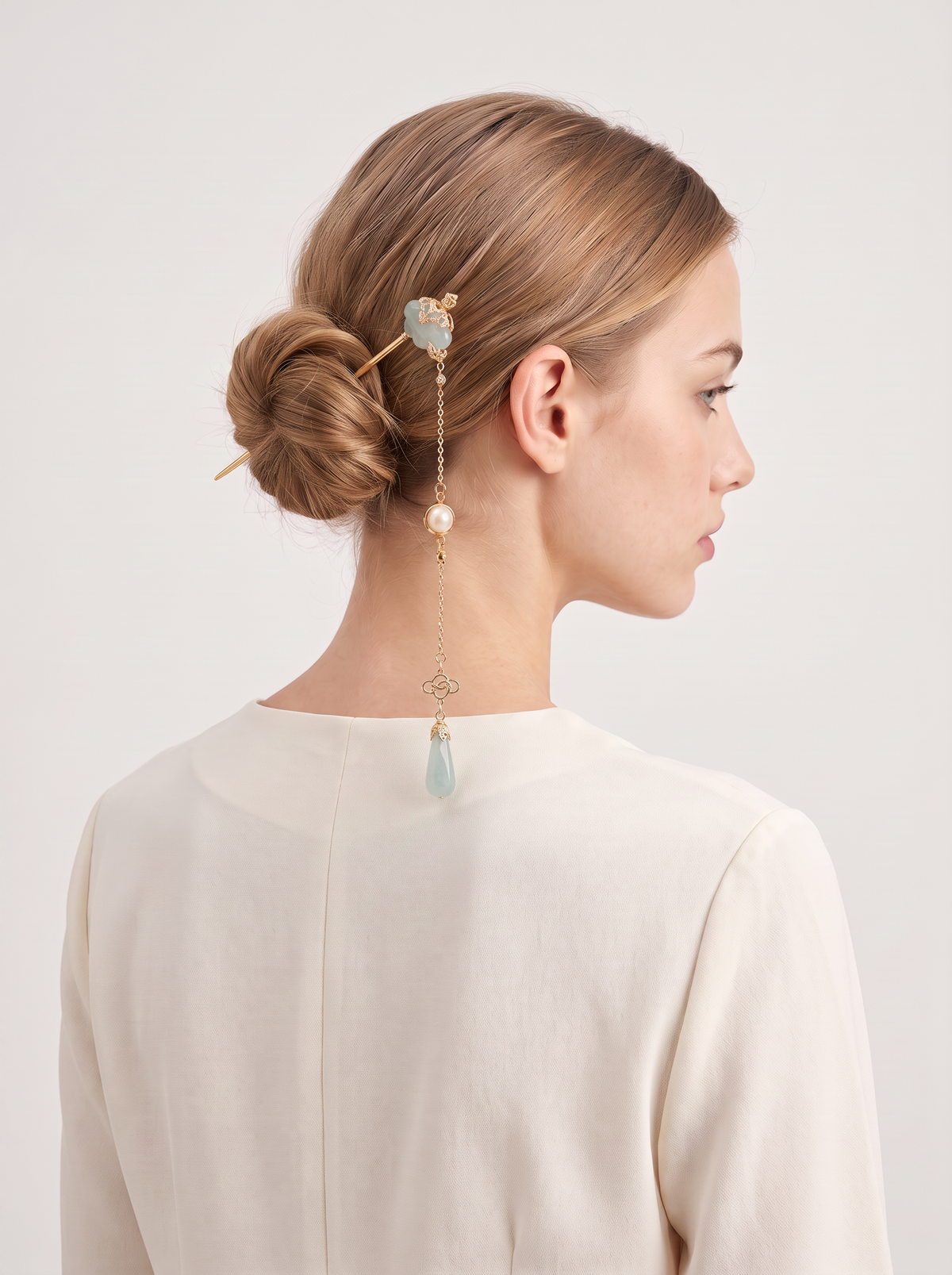Xiu Jade Auspicious-Cloud Tassel Hairpin — Long Pearl Drop