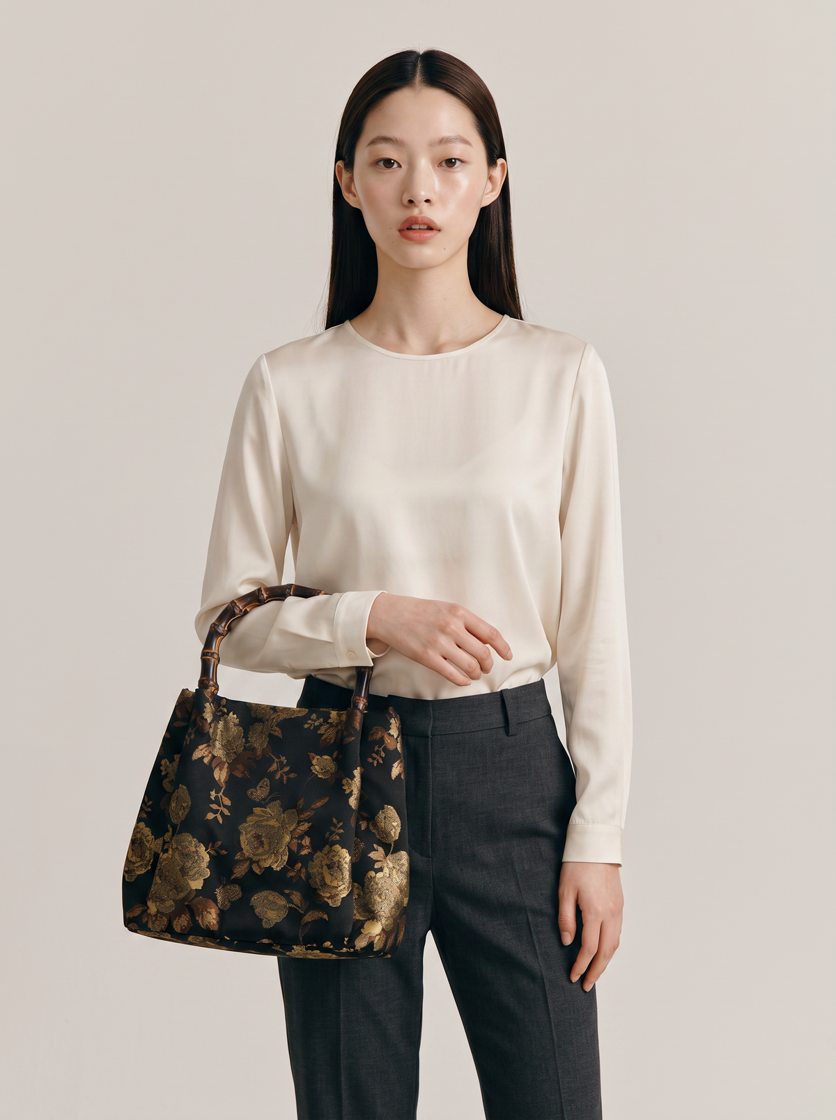 Silk Brocade Bamboo-Handle Bag — Gold Peony & Butterfly Motif