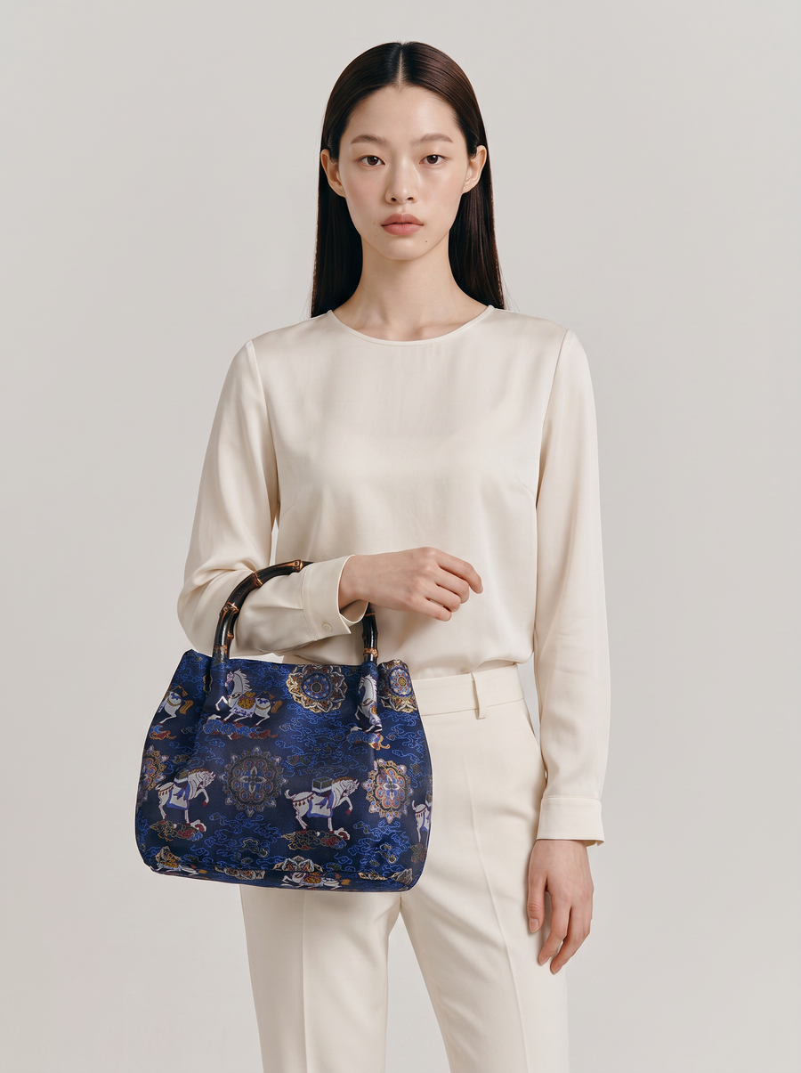 Silk Brocade Bamboo-Handle Bag — Auspicious Horses Motif