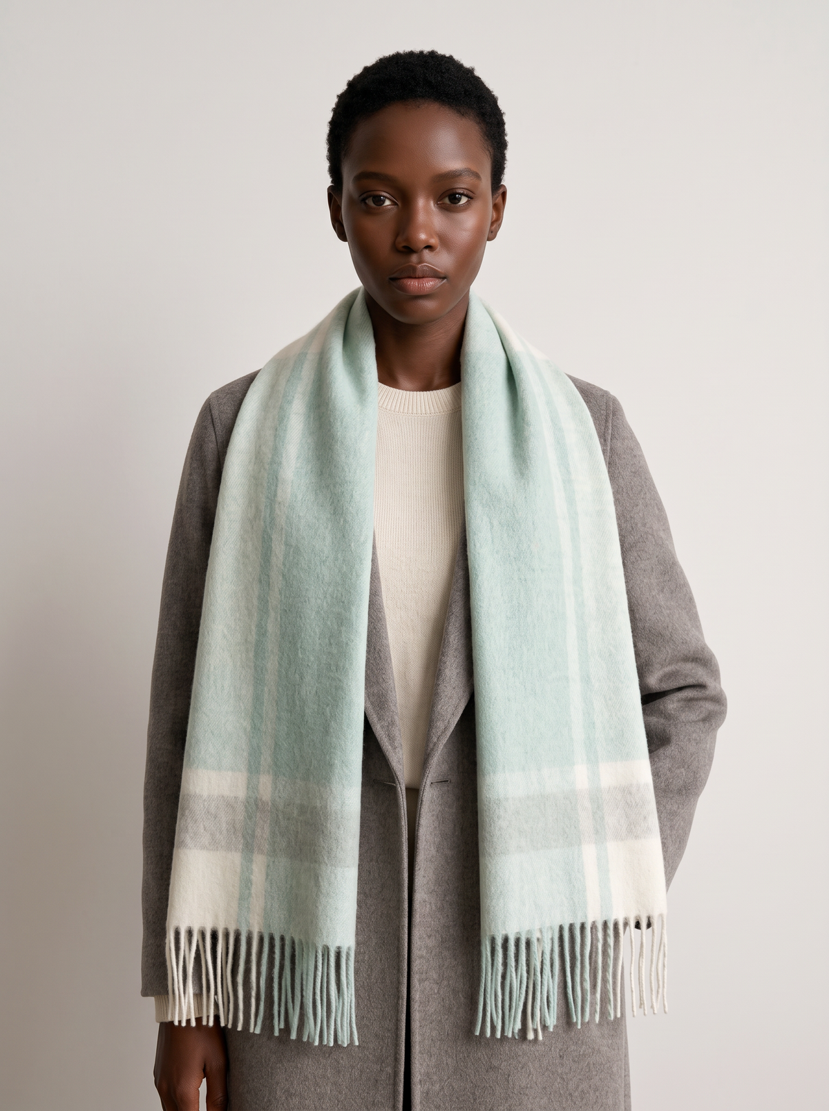 100% Wool Soft Green Check Scarf