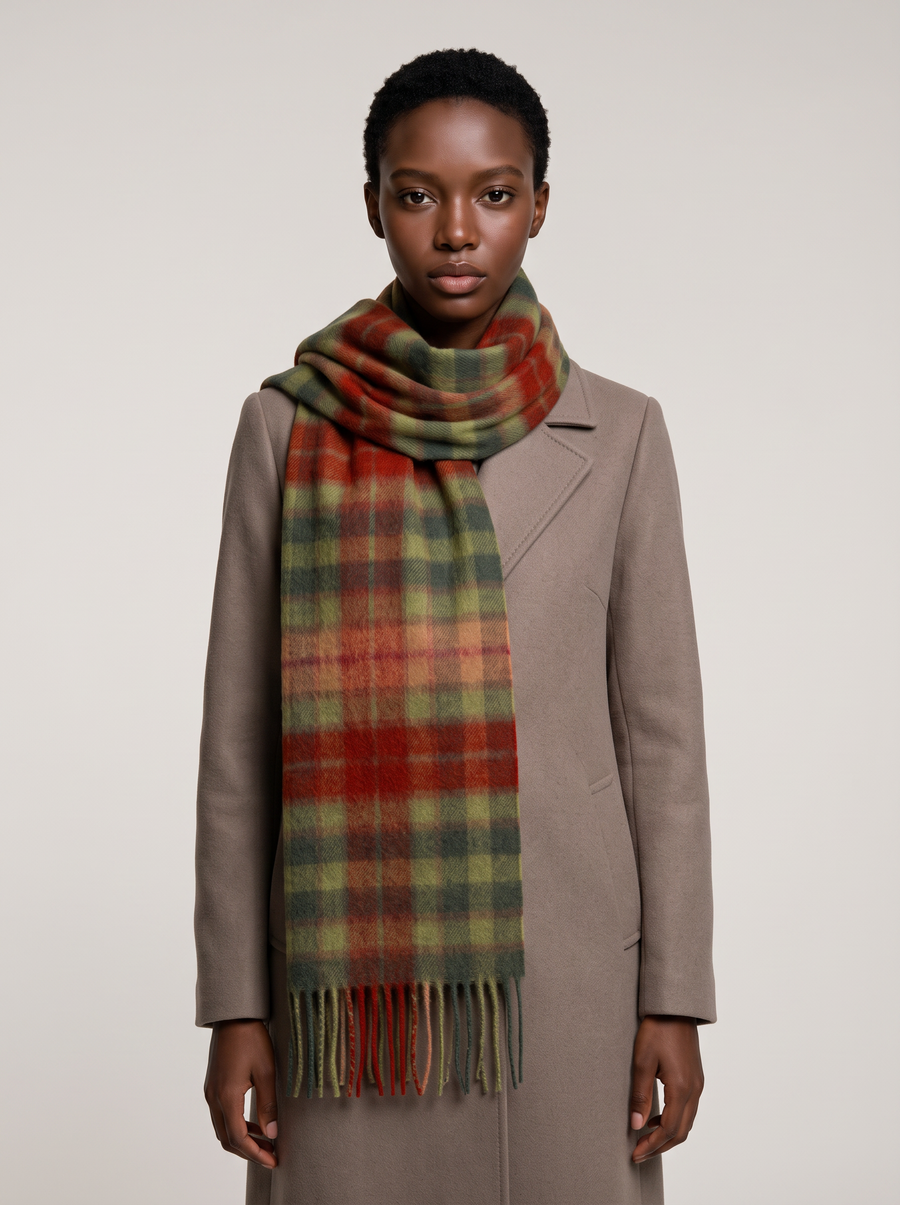 100% Wool Olive Red Check Scarf