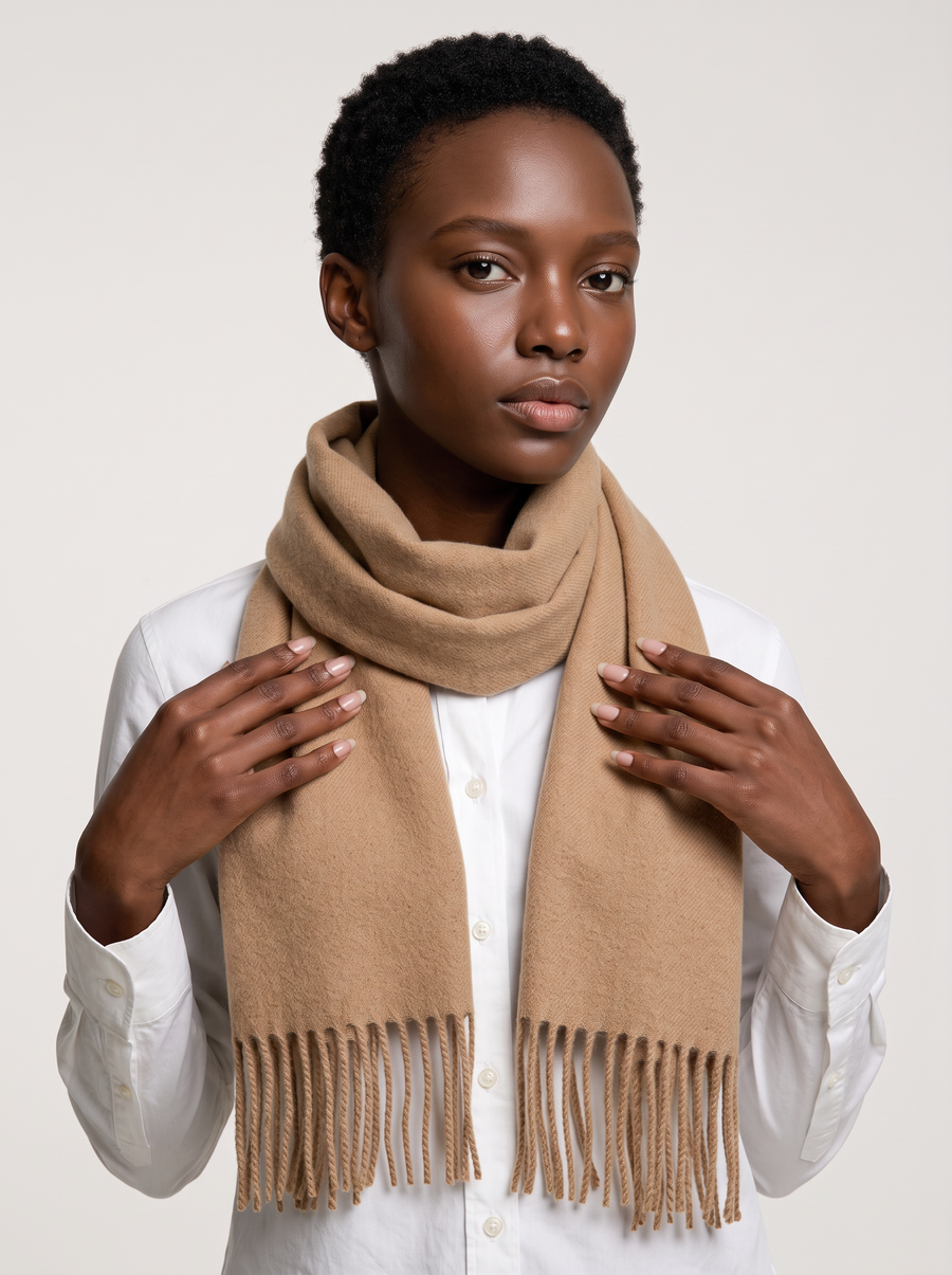 Soft Brushed Wool-Blend Fringe Scarf | Solid Winter Wrap