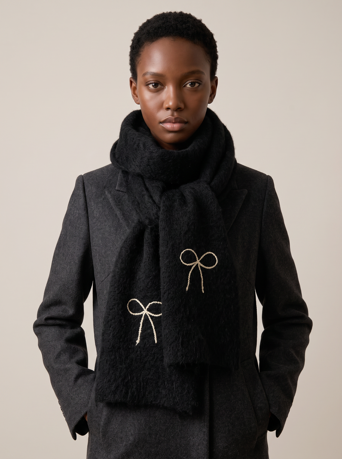 Bow-Embroidered Knit Scarf