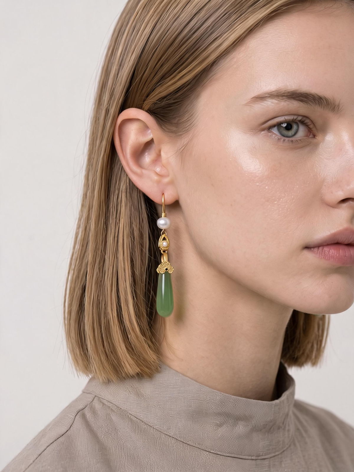 Grape Agate & Pearl Long Drop Earrings — Spring Green