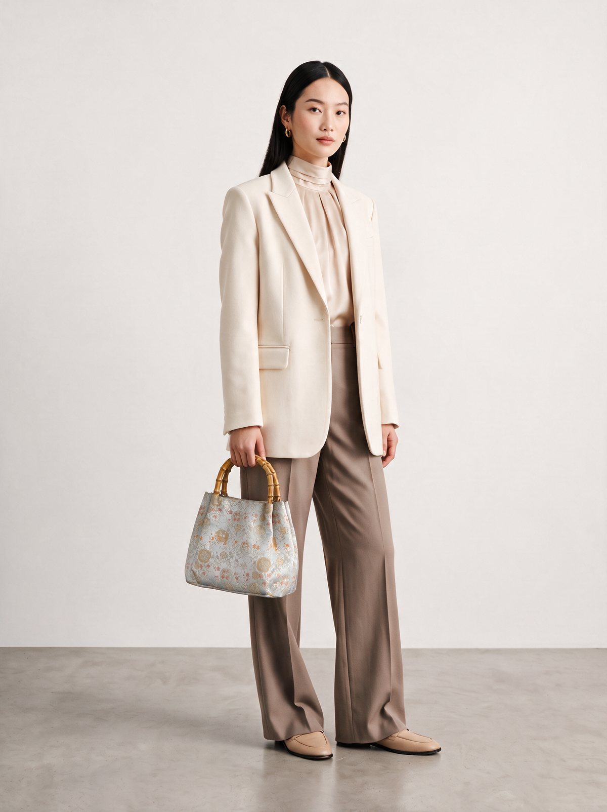Silk Brocade Bamboo-Handle Bag — Starry Floral Motif