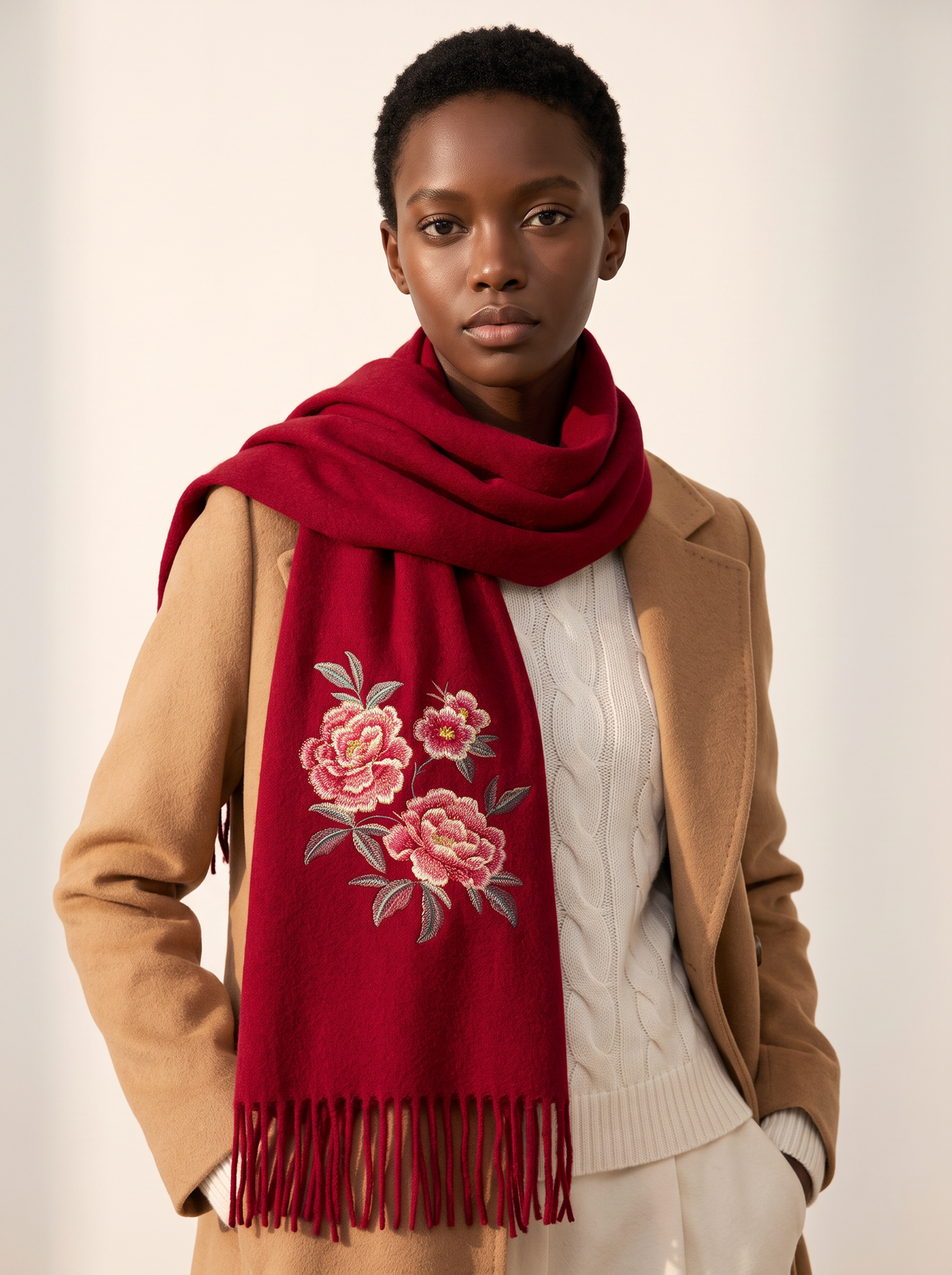 100% Wool Floral Embroidered Scarf