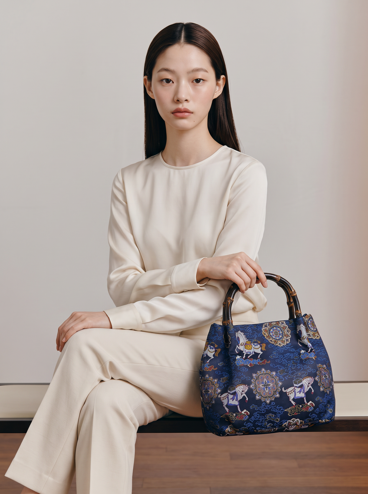 Silk Brocade Bamboo-Handle Bag — Auspicious Horses Motif