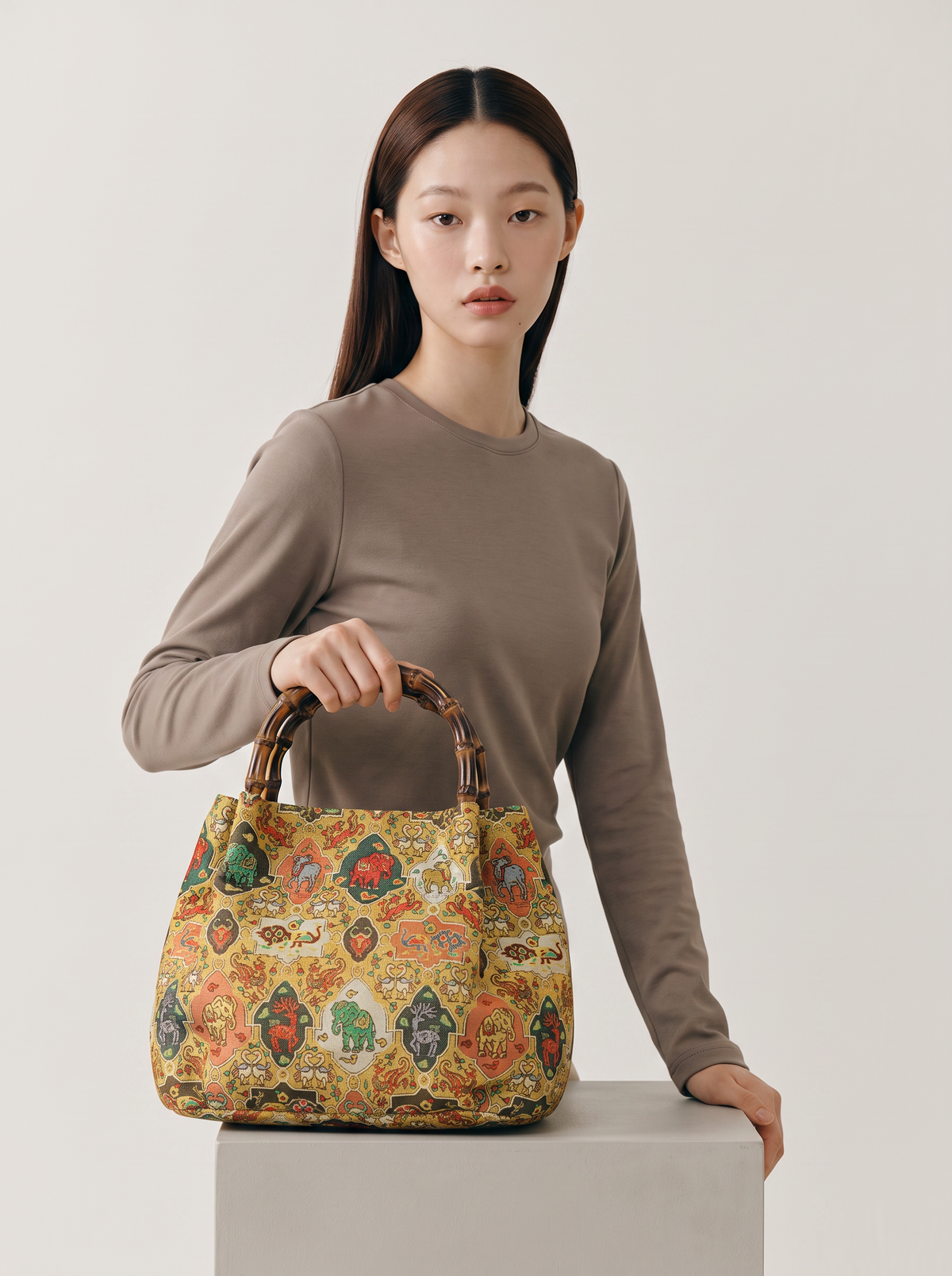 Tang Brocade Bamboo-Handle Bag — Auspicious Beasts Motif