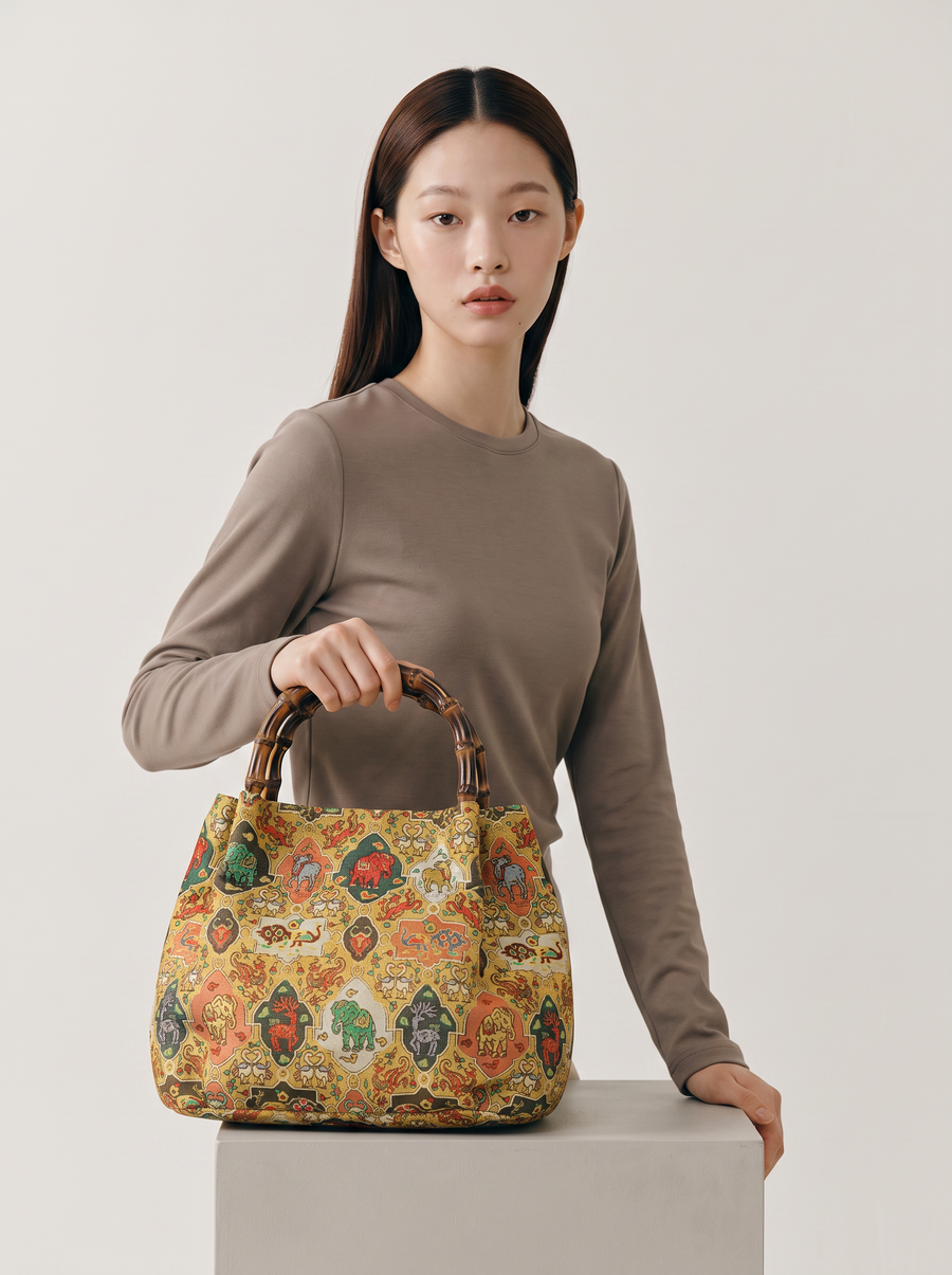 Tang Brocade Bamboo-Handle Bag — Auspicious Beasts Motif