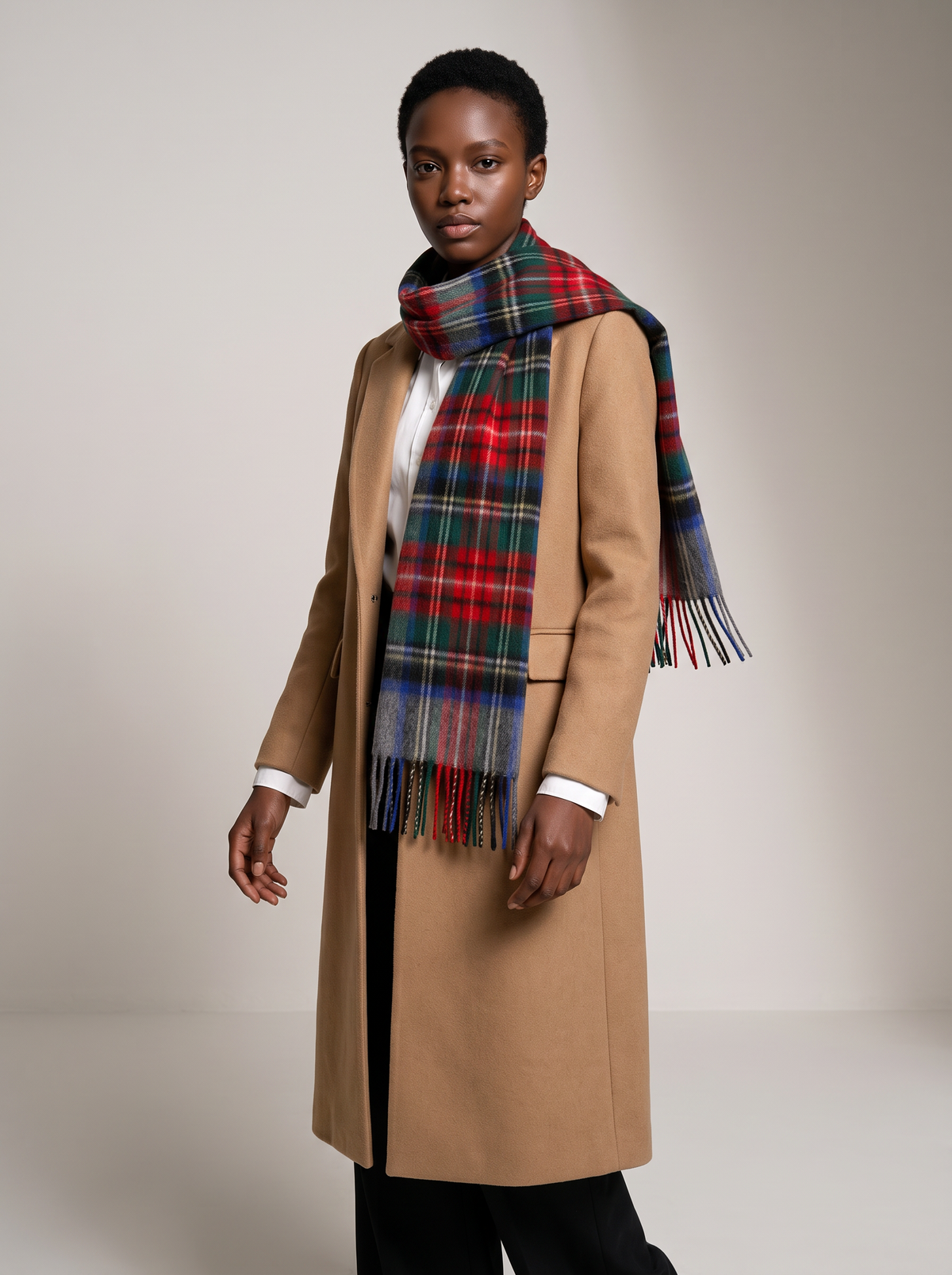 100% Wool Grey Red Plaid Scarf