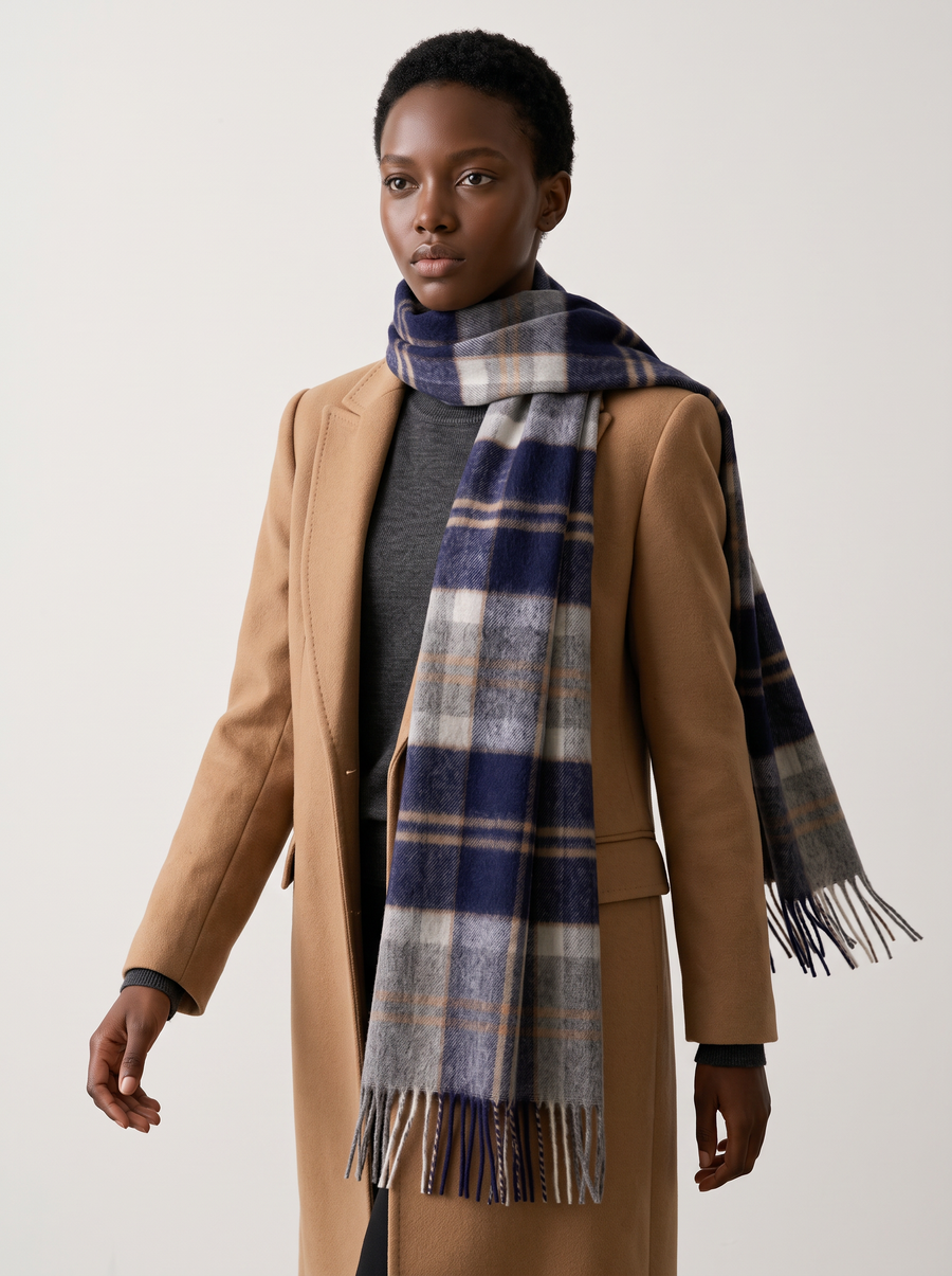100% Wool Navy Check Scarf