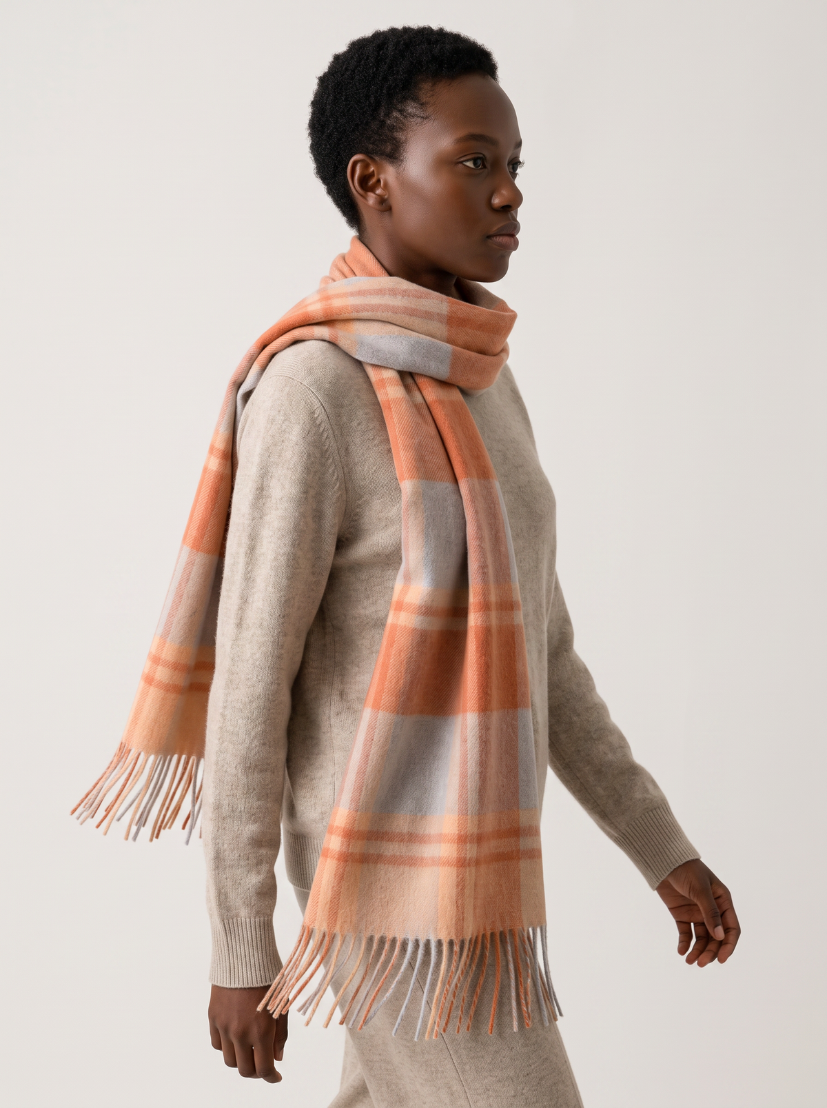 100% Wool Classic Check Scarf | Brushed Fringe Wrap
