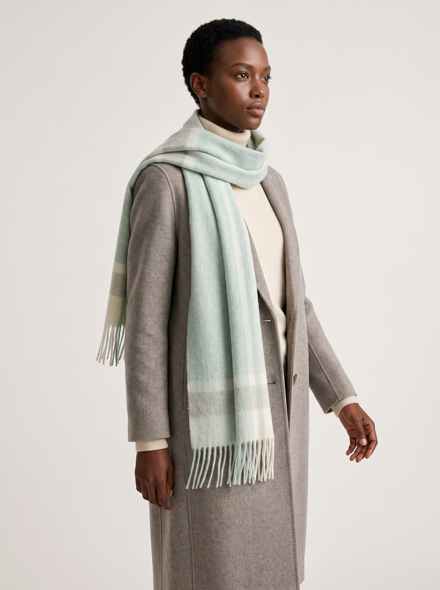 100% Wool Soft Green Check Scarf