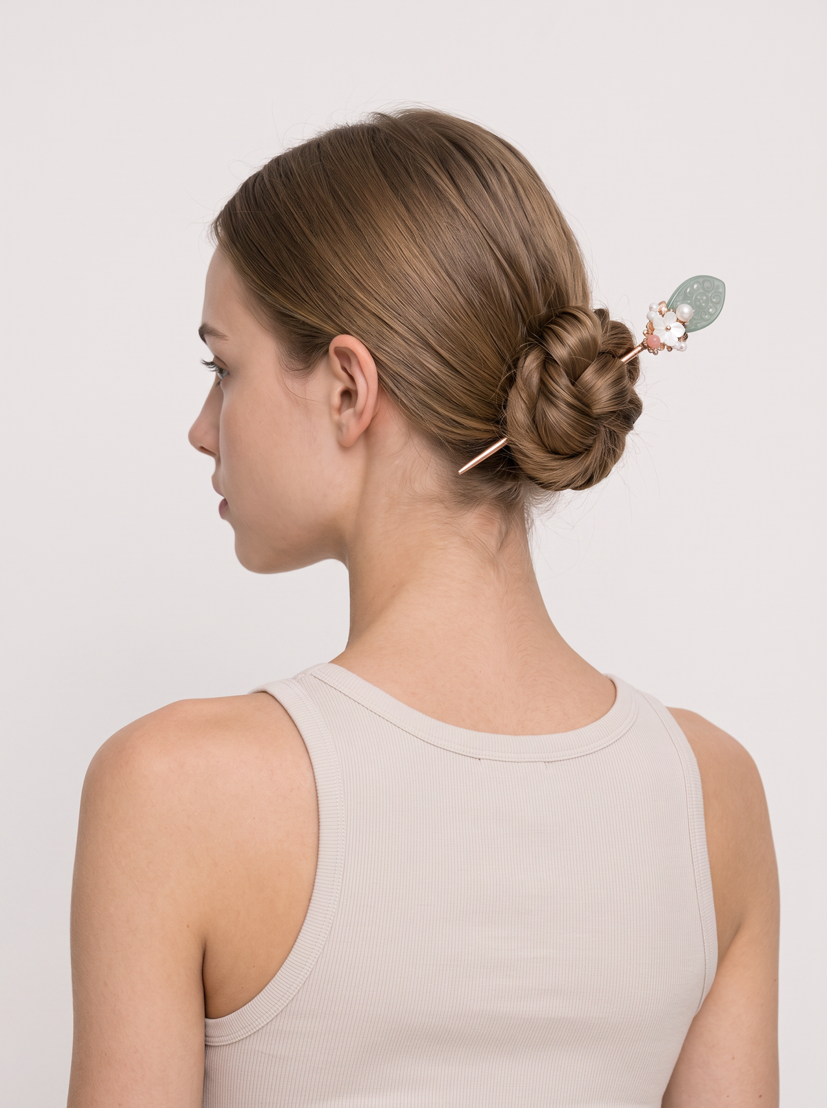 Blue Jade Carved-Plaque Hairpin — Pearl & Shell Flowers