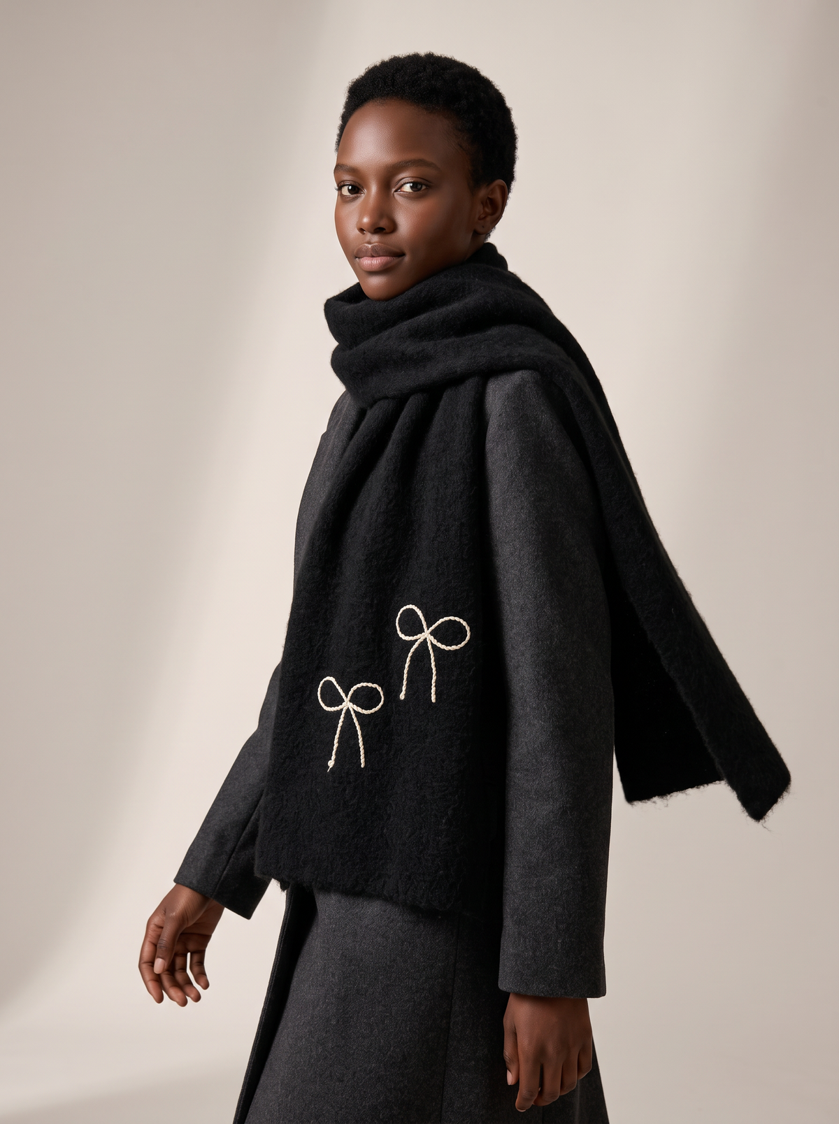 Bow-Embroidered Knit Scarf