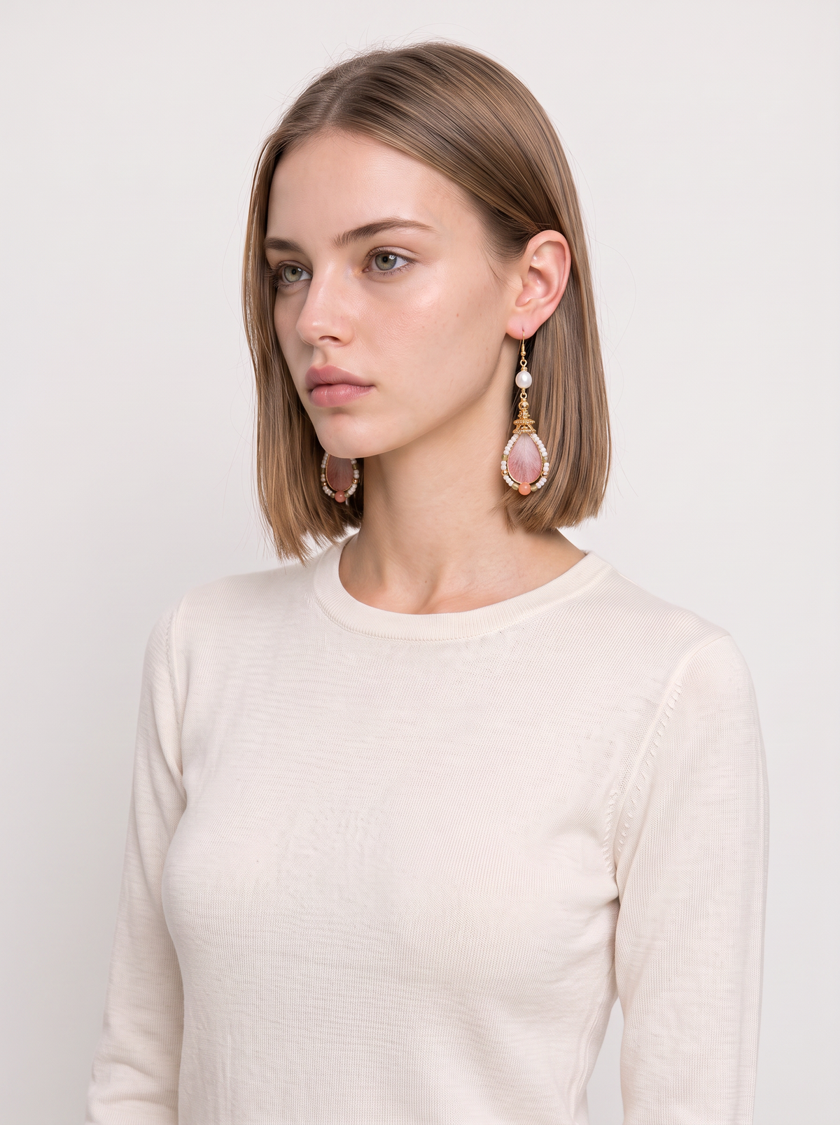 Pink Velvet Flower & Pearl Drop Earrings — Handmade Ronghua