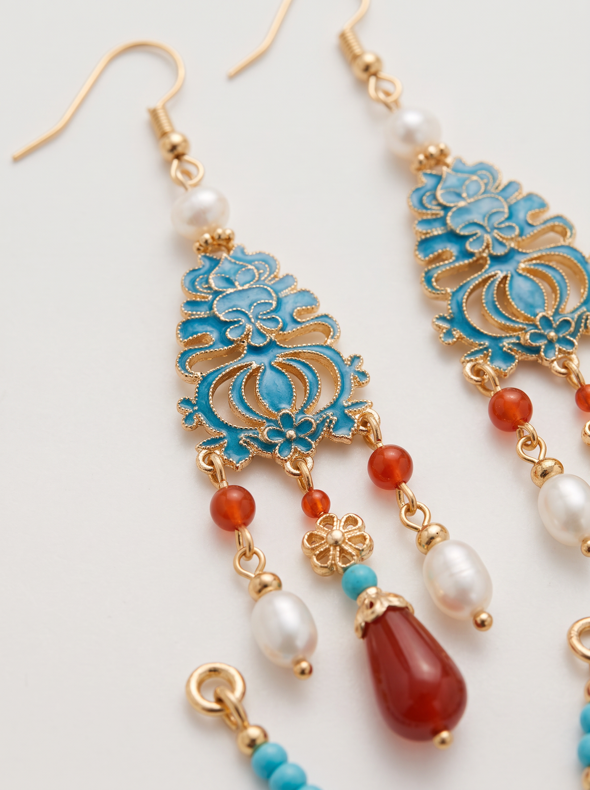 Long Cloisonné Tassel Earrings — Red Agate & Pearl