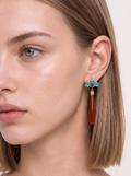 Red Agate Long-Drop Earrings — Cloisonné Blue Accent