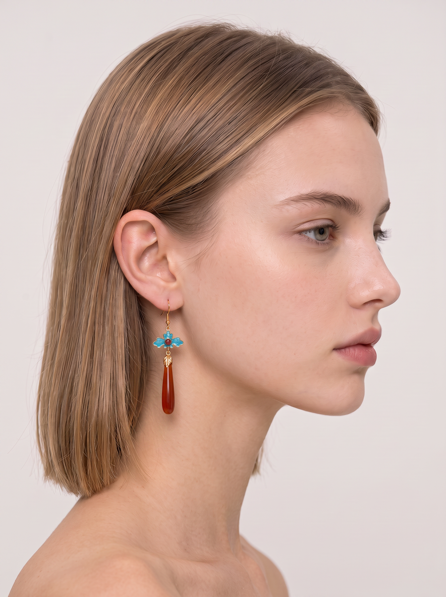 Red Agate Long-Drop Earrings — Cloisonné Blue Accent