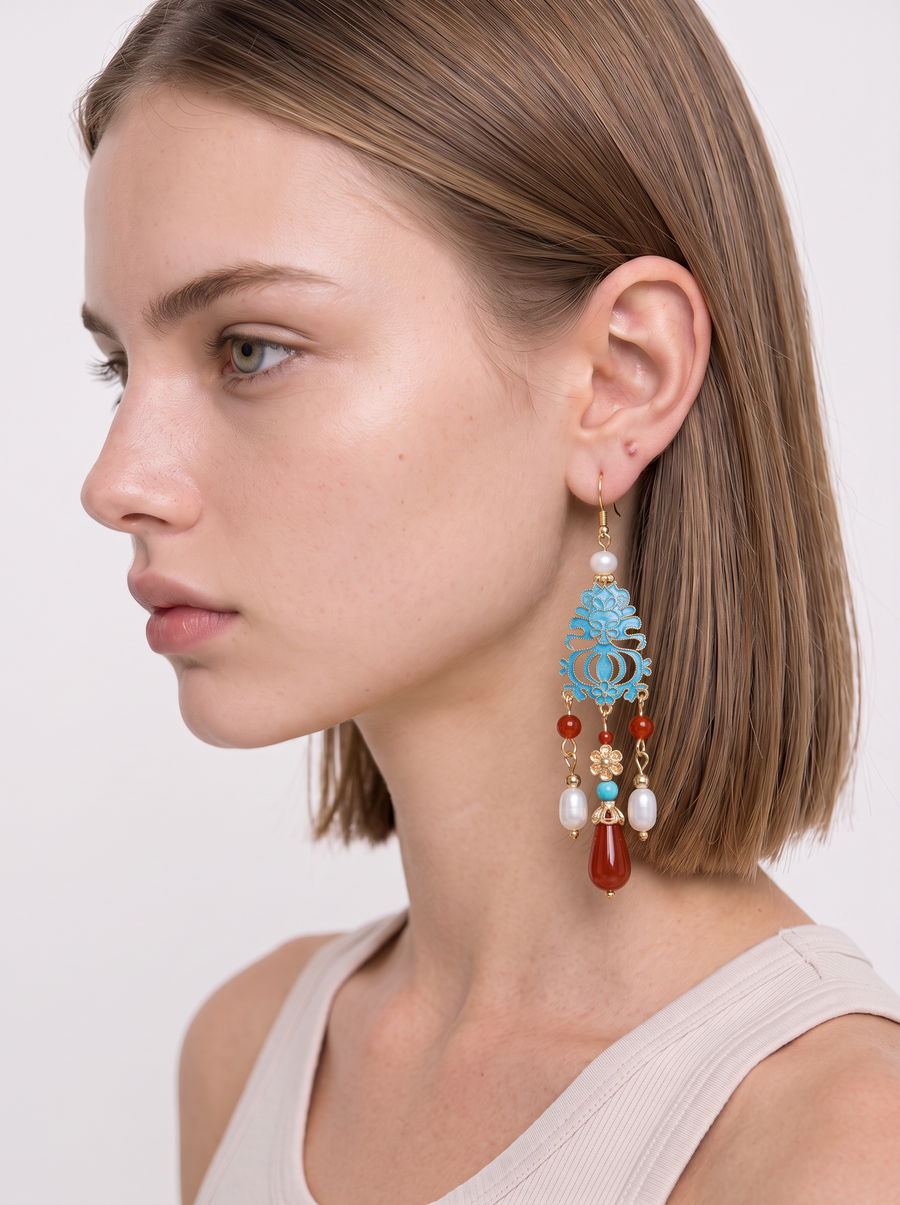 Long Cloisonné Tassel Earrings — Red Agate & Pearl