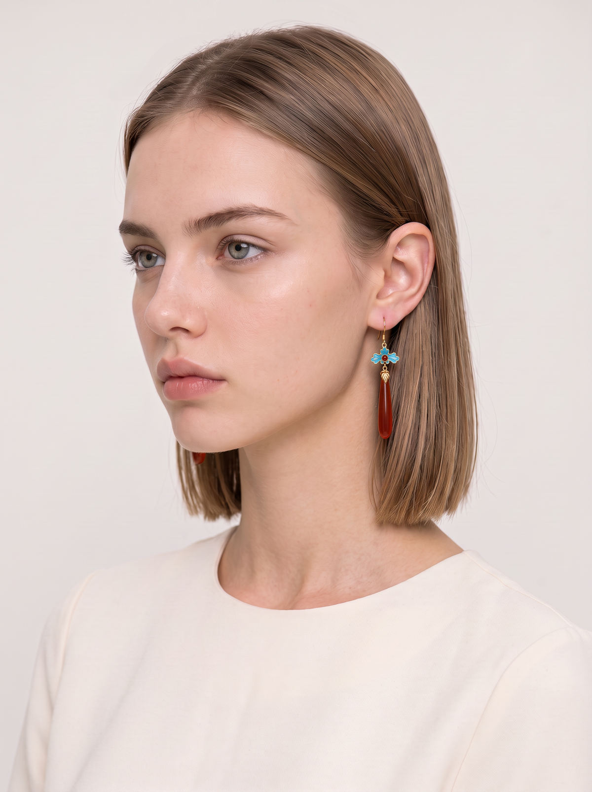 Red Agate Long-Drop Earrings — Cloisonné Blue Accent